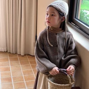 Pullover Kids Baby Girl Winter Clothes Autumn 2023 New Knitted Sweater Korean Solid Color Cardigan Loose Casual Retro Style Allmatch x0818