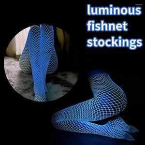 Women Socks Women's Luminous Fishnet Tights Stockings High Waist Out Pantyhose Sexy Hosiery Punk Club Skinny Net Hollo X1M1