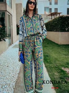 Womens Two Piece Pants KONDALA Vintage Green Floral Women Suits Long Sleeve Single Button Loose Shirts and High Wasit Wide Leg Boho Sets 230818