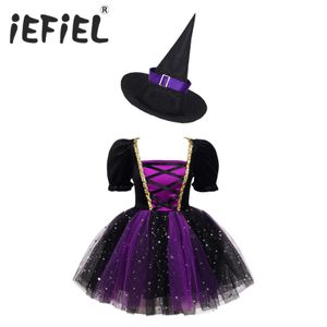 Cosplay Kids Girls Witch Costume Halloween Dress Glittery Mesh Tutu with Pointed Hat for Carnival Party Up Clothes 230818