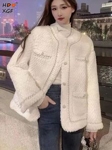 여자 재킷 우아한 고급 양모 두껍게 따뜻한 가을 겨울 오 목 싱글 가슴 코트 한국 패션 탑 스트리트웨어 230817