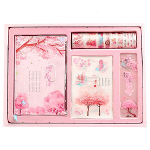 Anteckningar Creative Sakura Series Notebook Present Box Stationery Set Kawaii Pink Diary Book Journals Agenda Planner Washi Tape Exquisite 230818