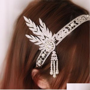 Hårtillbehör Crystal Pearl Ribbon pannband Vintage Bridal Great Gatsby Flapper Leaves Rhinestone Hairband Fashion Smycken Drop de Dh7jo