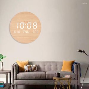Relógios de parede redondo relógio LED Data de temperatura Semana Display Digital para sala de estar Decoração de casa de alarme silencioso