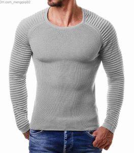 Men's Sweaters Mens Crew Neck Sweaters Arm Rib Pleated Design Slim Sweaters Hommes Solid Color Fit Knitted Tops Autumn Winter Sweaters Z230819