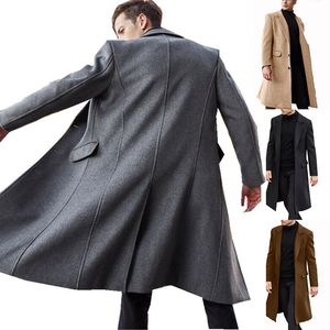 Masculino de lã mistura de windbreaker casaco de gola de lapela longa de gola de lapela de peito de casaco longo de casaco longo do casaco