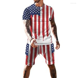 Erkek Trailsits 2023 Yaz Erkekler Amerikan Bayrak T-Shirts Suit 3D Baskılı Moda Şortları Vintage Kıyafet Günlük Spor Giyim Hızlı Kuru