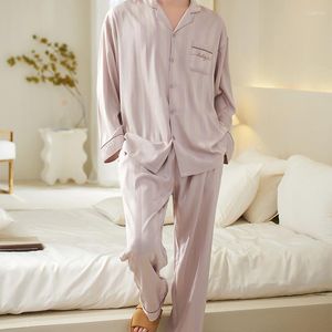 Mäns Sleepwear 2st Casual V-ringade fickor Knapp Långärmare Skjortor Pants Set Randiga Bekväma pyjamas för hemmet