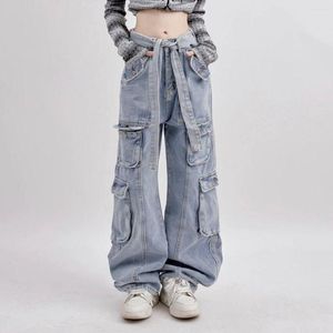 Women's Jeans American High Street Women Spring Vintage Tide Brand Retro Multi-pocket Decoration Casual Straight Sports Pants