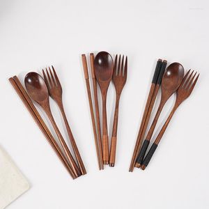 Dinnerware Sets 22.5cm Wooden Chopsticks Spork Three-piece Suit Kitchen Household Winding Storage Bag.