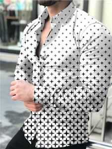 Erkek sıradan gömlekler 2023 lüks sosyal gömlek yaka tek göğüslü 3D ekose baskı uzun kollu tasarımcı giyim sokağı beyaz