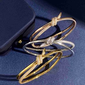 Bangle Hangke1989 Brand Zirconia kink Brand kink Bracelet For Women Stainless steel nail Knot jewels Bracelets double deck Bangles J230819