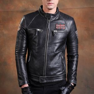 Erkek Ceket Moda Biker Vintage Orijinal Deri Ceket İnce 100 Doğal Cowhide Ceket Gerçek Motosiklet Giyim 230818