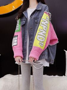 Kvinnor jackor harajuku jeans tröja jacka kvinnor mode lapptäcke brev denim cardigans jersey cardigan koreanska kläder ytterkläder 230818