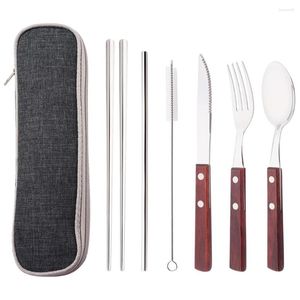 Servis uppsättningar 7st Portable Stainless 304 Steel Cutery Suit With Storage Bag Chopstick Fork Spoon Knife Travel Table Set Camping