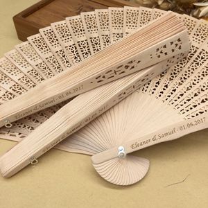 personalized sandalwood folding hand fans with organza bag wedding favours fan party giveaways in bulk 50pcs lotZZ