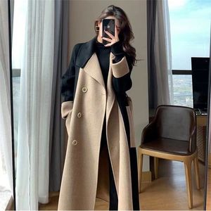 Womens Wool Blends Chic Woolen Patchwork Trench Coat for Women Doublebreasted Cardigan Antiwrinkle Lapel Winter High Sense Overcoat Outwear 230818