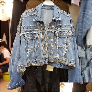 Kadın ceketleri kadın harajuku denim ceket ağır el boncuklu perçin kısa kot pantolon sonbahar bayan gündelik gevşek tek göğüslü top y2 dhohz