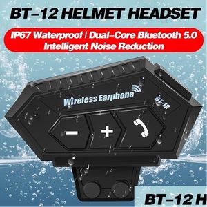 Motorcycle Intercom Bt-12 12S Helmet Wireless Bluetooth 5.0 Headphone Hands Headset Stereo Music Anti-Interference Waterproof Drop D Dhhcr