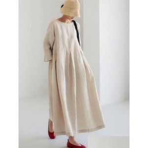 Basic Casual Dresses Loose Maxi Dress 2022 Japanese Korean Cotton Linen O Neck Plover Solid Long Dess Hem Robe Vestidos Mujer Summ Dhgat