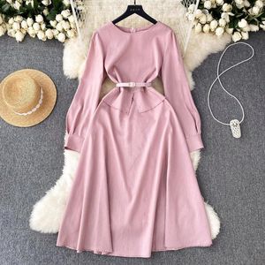 Casual Dresses French Vintage Style Long Sleeve Dress For Women 2023 Spring Autumn Solid O Neck Belted A Line Midi Female Robe Femme