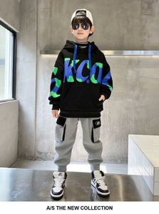 Pullover Handsome Teens Children Boy Plus Velvet Letter Hooded Fashion Autumn and Winter Street 5 6 7 8 9 10 11 12Year Hoodie 230818