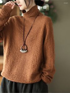 Frauenpullover Johnature 2023 Frauengarn Jacquard Mode Mode High Neck Strick Pullover Vintage Feste Farbe Langarm Kausal