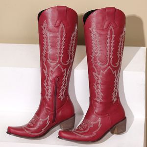 Boots IPPEUM Western Cowboy Red Embroidered Knee High Size Zip Country Cowgirl Women Shoes 230818