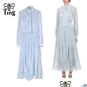 Basic Casual Dresses Summer Self Portrait Dress Women Long Sleeve Lacework Maxi Vintage Bow Party Dinner Pleated Robes 210513 Drop Dhvdw