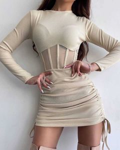 Mesh Hollow Waist Dress Women's Spring Summer Fashion Women's Round Neck Fashion Long Sleeve Pleated Short Dress Women