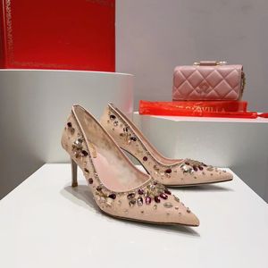 럭셔리 여성 Vega Crystal Sandals 신발 미끄러짐 라인 스톤 뾰족한 발가락 슬링 백 우아한 르네 카오 빌라 여자 파티 웨딩 워킹 EU34-43