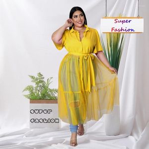 Plus-klänningar WSFEC XL-5XL för kvinnor 2023 Spring Summer Chiffon Short Sleeve Mesh Casual Shirt Dress Outfits Drop