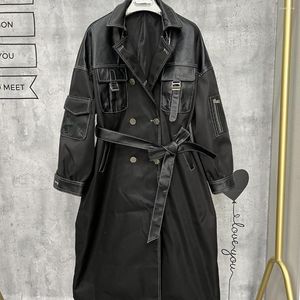 Women's Trench Coats Genuine Leather Patchwork Long Windbreaker Double Breasted Suit Collar Cotton Sheepskin Pocket Jacket British Style