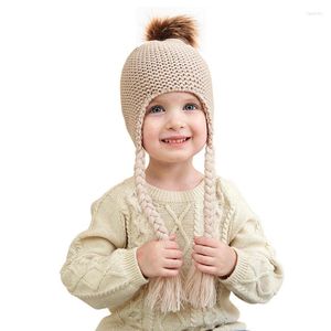 Berets Kids Earflaps Hat Winter Pompom Braids Knitted Hats Home Prefer Toddler Warm Baby Children Caps Pography Props
