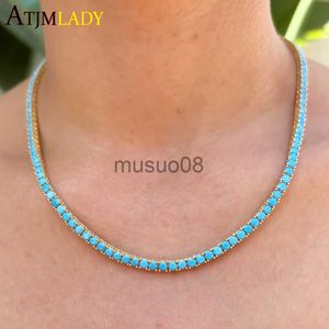 Pendant Necklaces High Quality Gold Color Plated 3MM Turquoise Stone Paved Tennis Chain Necklace For Women Girls Fashion Jewelry Choker J230819