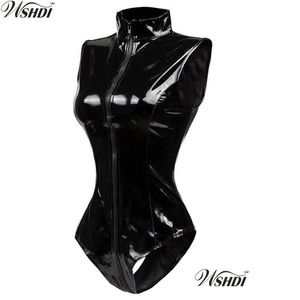 Women'S Jumpsuits Rompers S-Xxl Red Black Latex Wet Look Bodycon Catsuit Sexy Faux Leather Bodysuit Zipper Pvc Jumpsuit Cosplay Cl Dh2Sm