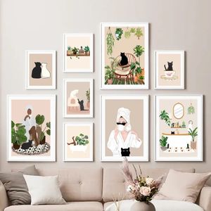 Green Plants and Cat Canvas Painting Woman Coffee Beige Posters and Prints Wall Art Nordic Style Wall Pictures Living Room Girl Bedroom Decor No Frame Wo6