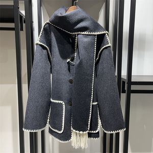 23FW Tot-EM Single-Breasted Tassel Scarf ullrock grå färger; grå och aprikos