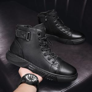 Botas tênis sapatos casuais para homens PU couro confortável Soled High Top Top Mid Lace Up Moda Male calçados 230818