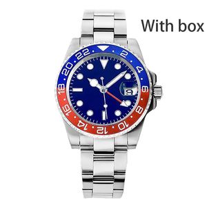 Mens Watch Saatler Yüksek Kaliteli Otomatik Makine Batman GMT Pepsi Safir Ayakkar Swristwatch 904L Paslanmaz Çelik Altın Renk İzleme Bankalı Kutu Mavi Tabak