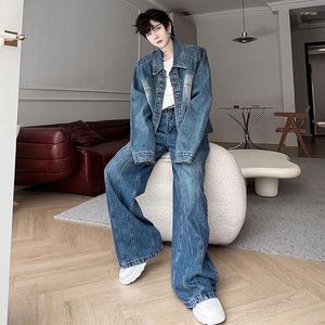 Herrspårar Syuhgfa baggy jeans mode Tvådel trend Autumn Structure Spliced ​​Denim Jacket Set Loose Wide Leg Jean Pants Suits