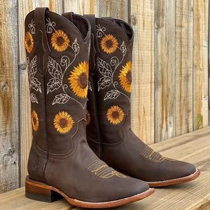 Buty Women Coffee Brown Hafdery Pu Drukowana skóra Western Cowboy Deep Vmouth High Tube Casual Classic 230818