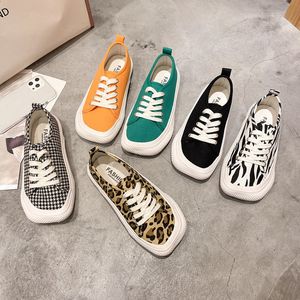 Dress Shoes Square Toe Canvas Spring Autumn Women Breathable Casual Cloth Student Fashion Leopard Grid Single 230818
