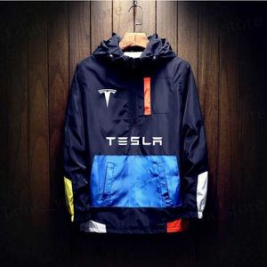 2023 Tesla Windbreaker Jackets Imper impermeável com capuz do vento com capuz de capa Casual Casual Roupas de machos de outono para fora dos modos T230819