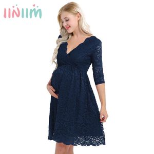 Acessórios Iiniim Maternidade feminina Elegante Dressor Floral Lace Overlay V Neck Halve Slave Great Fotpicograph Dress Para participar de ervas daninhas