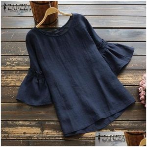 Women'S Blouses Shirts Zanzea Vintage Ruffle Sleeve Tops Summer Womens Blouse Casual Linen Tunic Female O Neck Blusas Mujer Shirt Dhtqk