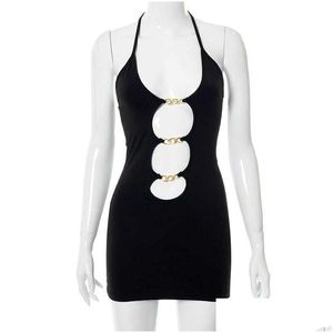 Basic Casual Kleider halfer sexy Schnüre -up -Mini -Kleiderparty Club Outfit Solid geschnittene Metall Ring Krawatten Bodycon Sommer Chic Harajuku C Dhlmg