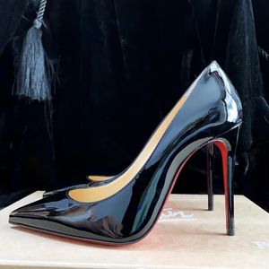 Brand female designer dress shoes red shiny sole pointed toe sexy leather 8 10 12cm black nude sexy stiletto heel