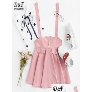 Kjolar dotfashion rosa knapp detalj bow back pinafore kjol preppy stil flickor passar och flare sommar söt y190430021484874 drop deli dhzci