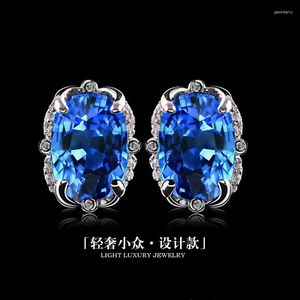 Stud Earrings NY Fashion Trendy Sea Blue Treasure Crystal Ornaments Brand Light Luxury Design Factory Direct Sales